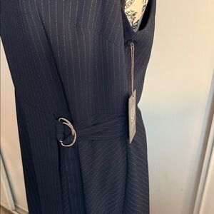 Navy blue and grey pin stripe sleeveless dress